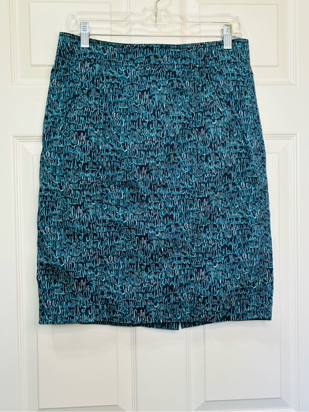 Lilly Pulitzer Blue Script Logo Print Pencil Skirt Womens 10 Lined Office Preppy
